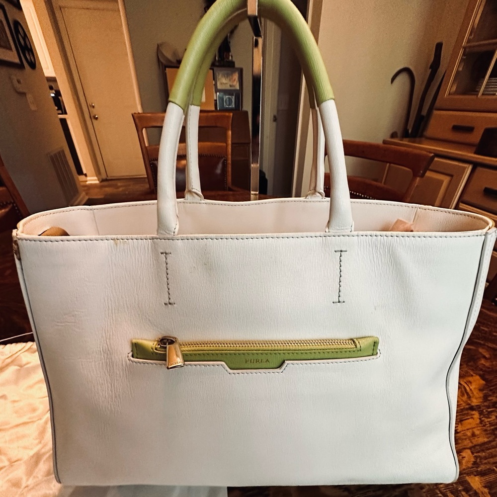 Furla White Leather Tote Bag with light green trim